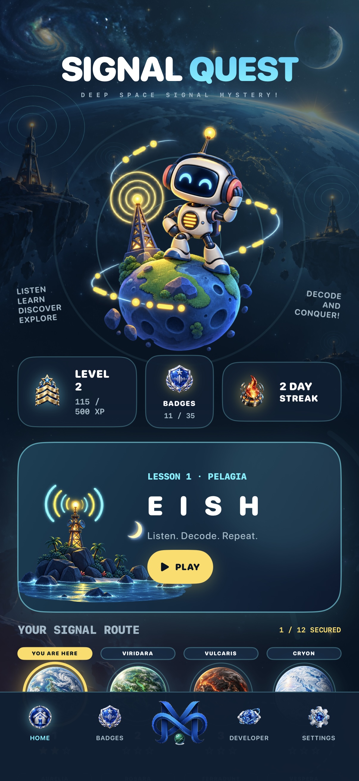 Morse Code Teacher home screen
