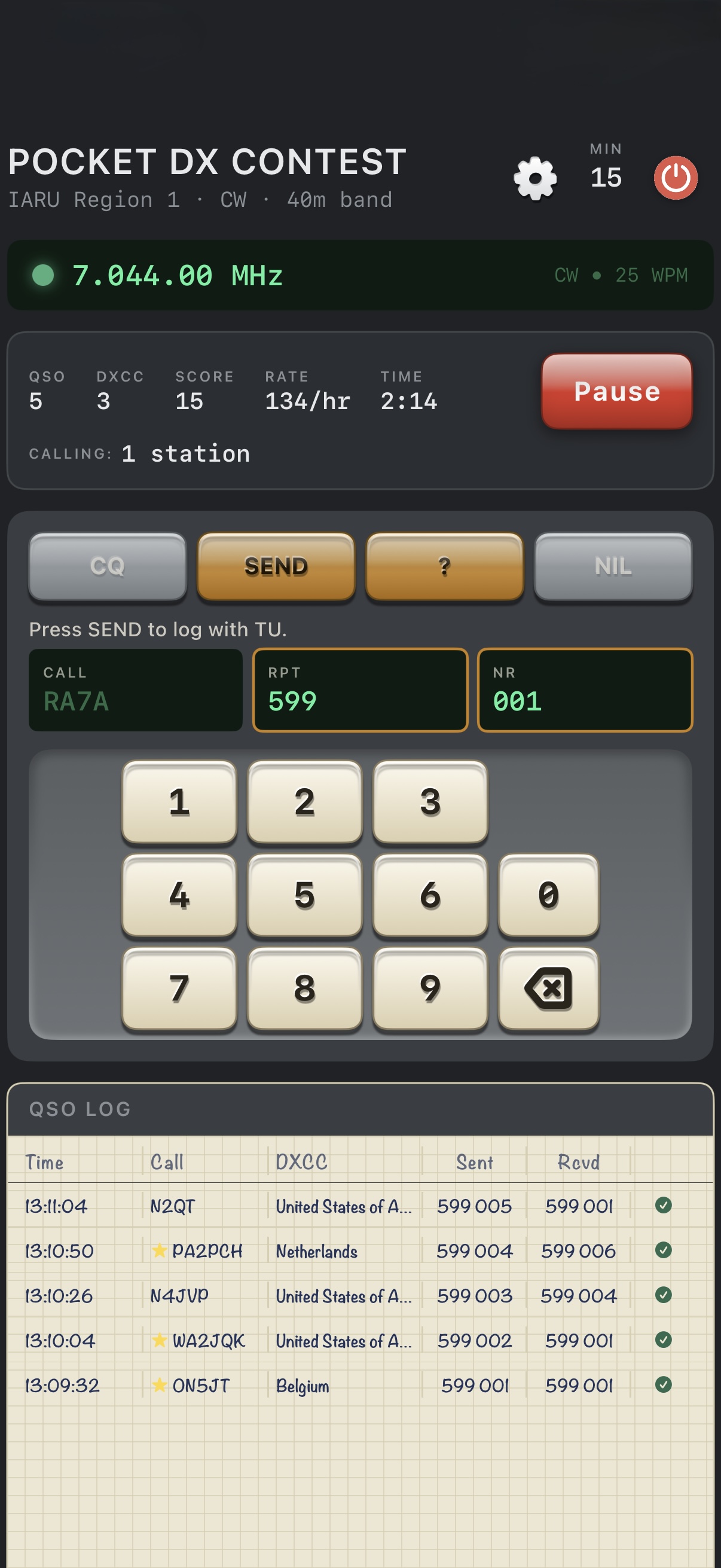 Pocket DX Contest contest screen
