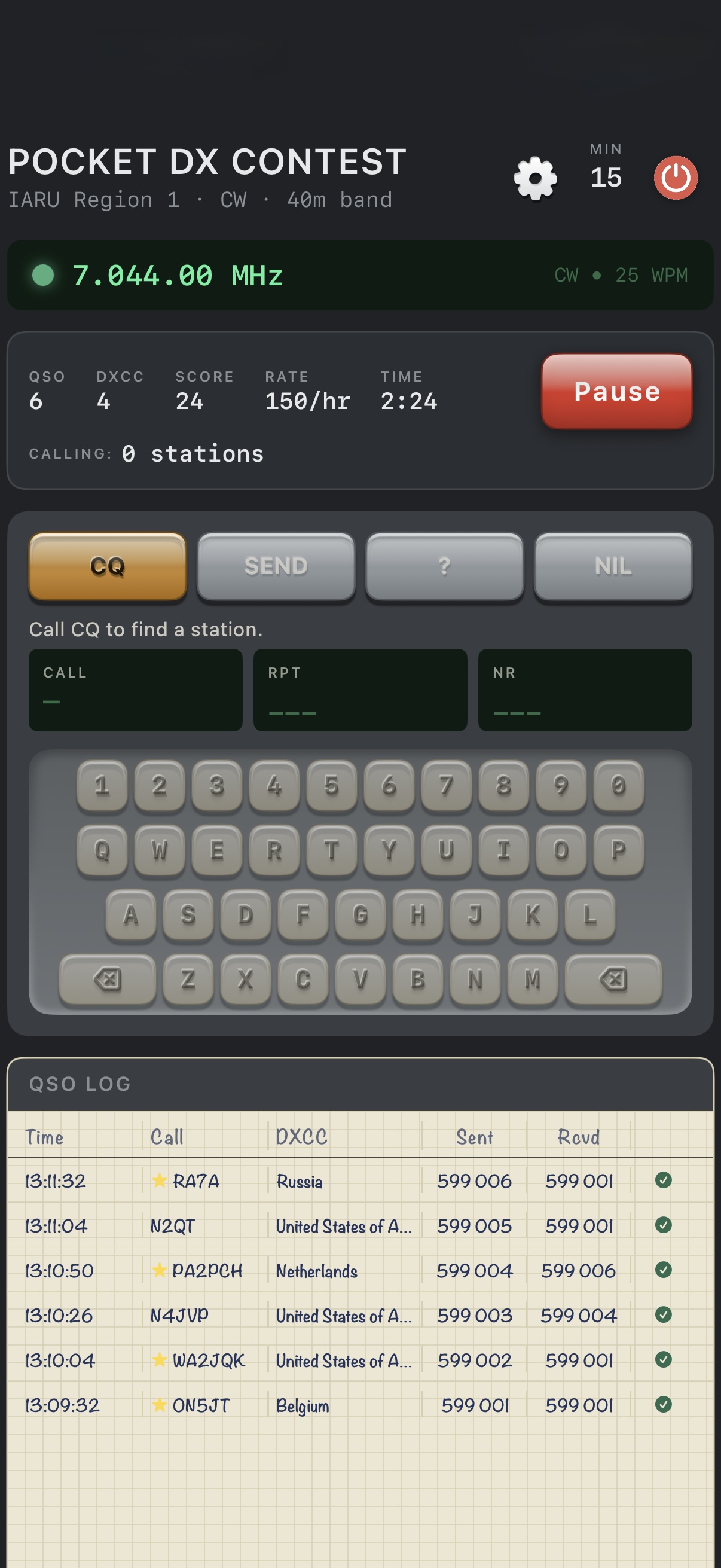 Pocket DX Contest keyboard screen